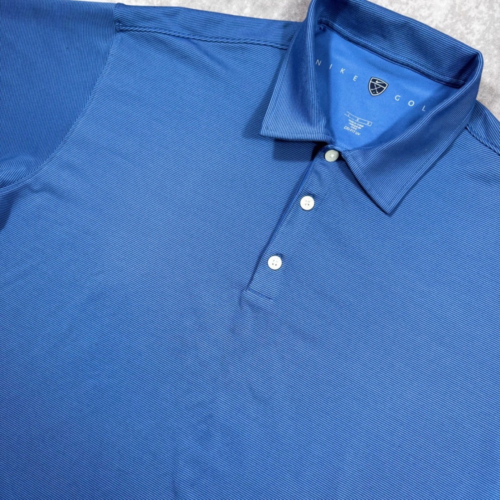 Nike Golf Dri-FIT UV Polo Shirt Mens Large Blue Striped‎ Short Sleeve A100-471